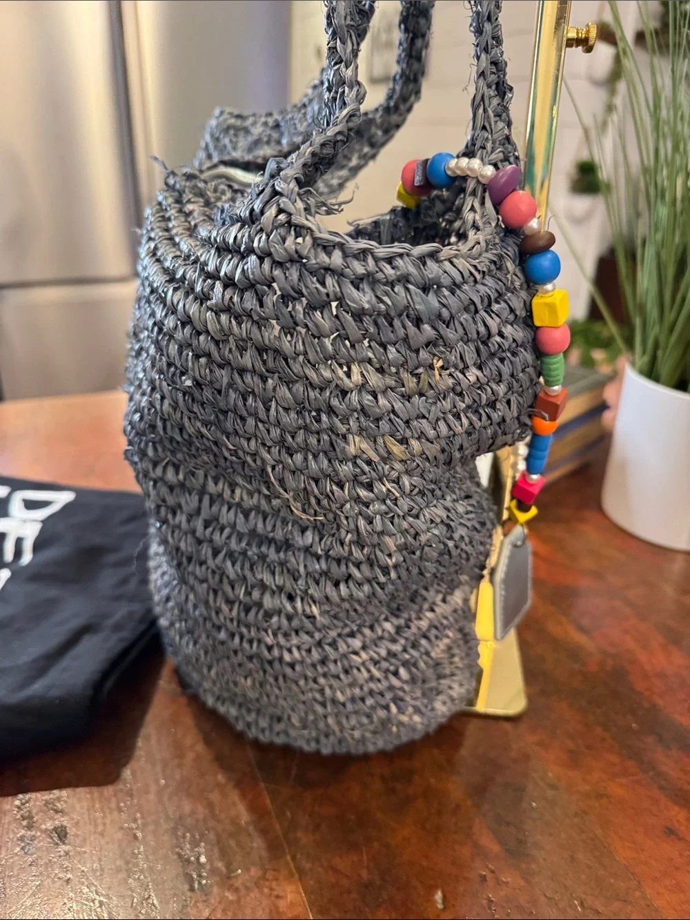 Kurt Geiger Gray Crocheted Raffia Hobo Bag with Beaded Charm